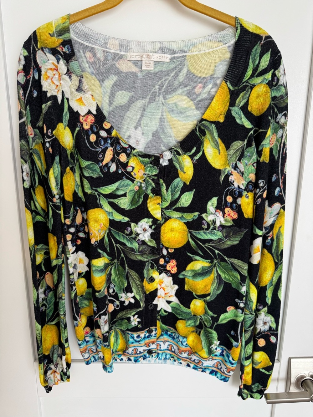 Boston Proper Black Lemon-Print Button Front Top